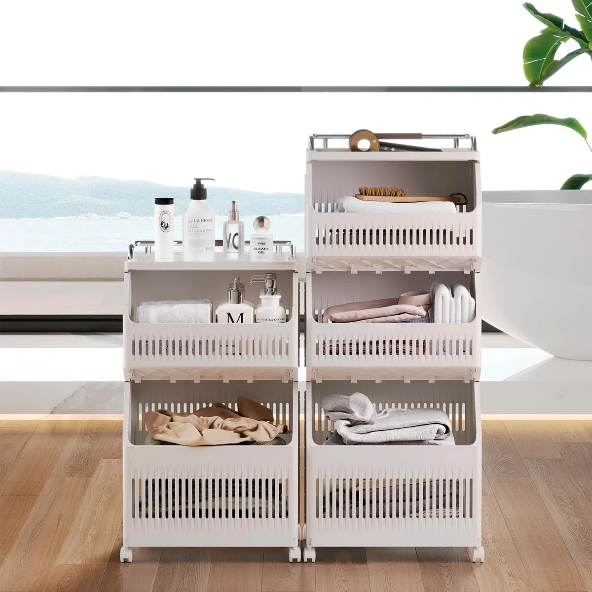 Carrito Auxiliar con Ruedas para Cocina. Armario Organizador Apilable para Baño. Cesto para Ropa Sucia. Carrito de Almacenamiento Multiusos. (2 Estantes)
