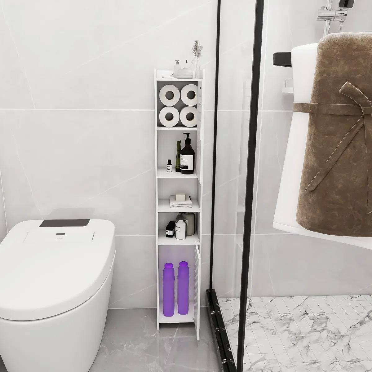 HUOLE Mueble de baño, pequeño mueble de almacenamiento para inodoro, escobillero de baño, con soporte de madera, 26 x 22 x 118 cm, color blanco