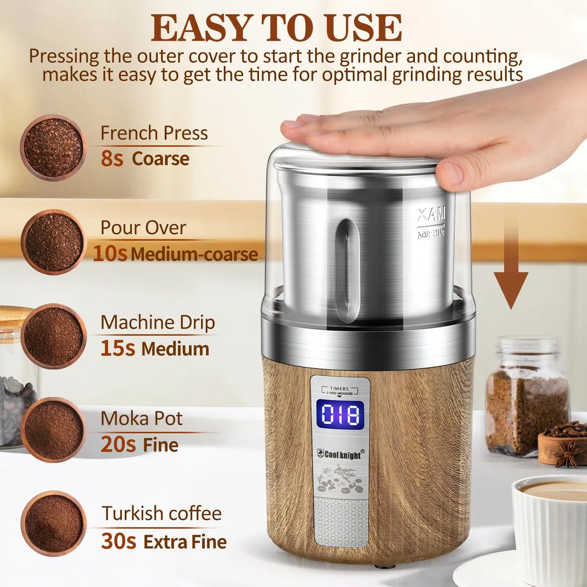 COOL KNIGHT Molinillo Cafe Electrico, Molinillo Café Con Contador Y 1 Taza De Molienda De Acero Inoxidable, Molinillo De Especias Con Capacidad De 100g, Apto Para Especias, Granos De Café,Nueces,Etc.