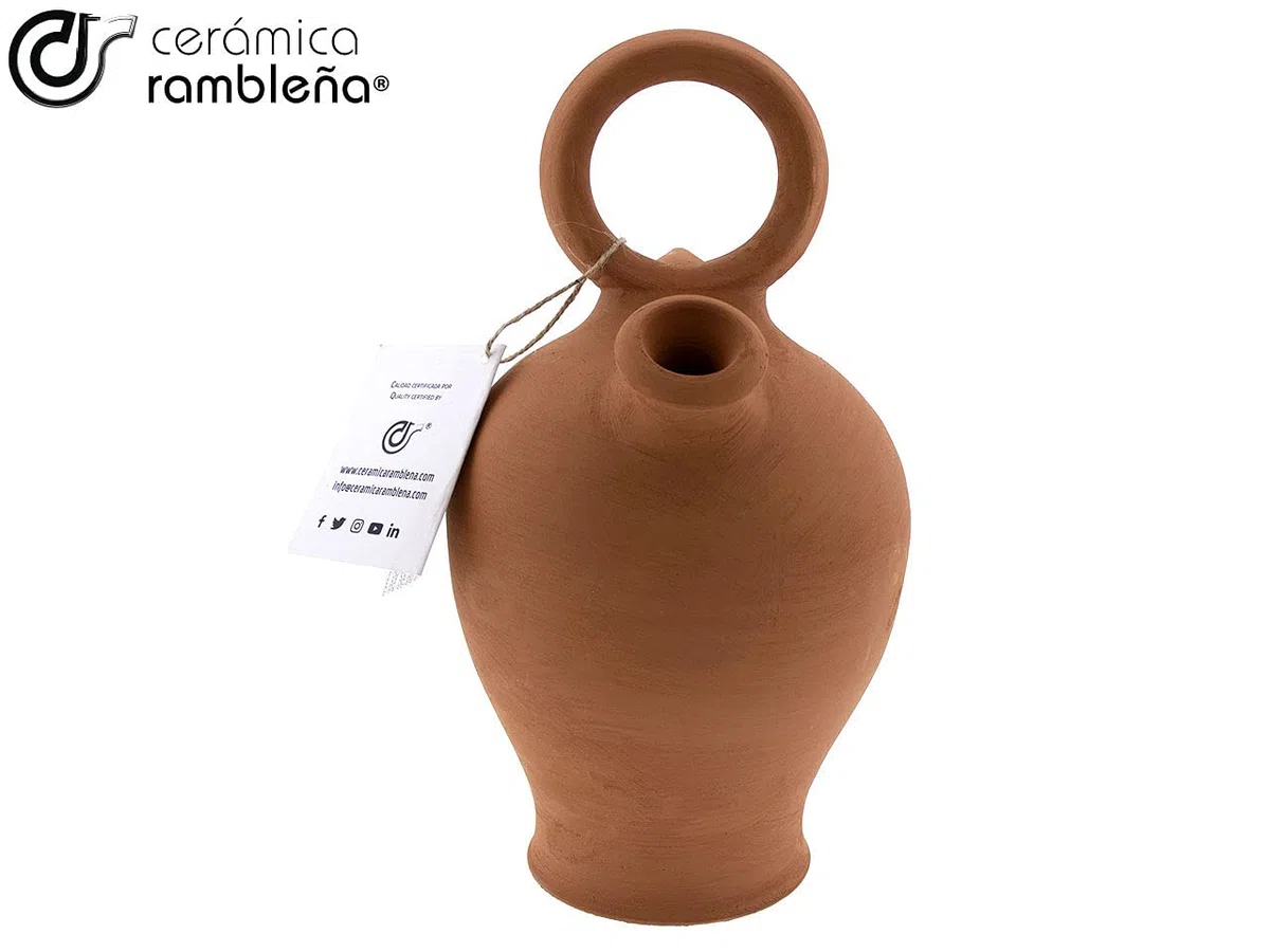 CERÁMICA RAMBLEÑA | Botijo de Barro Rojo Tradicional asa Redonda Base Vuelta de La Rambla (Córdoba) | 100% Hecho a Mano | 2.75 litros | Eco | Plato NO Incluido