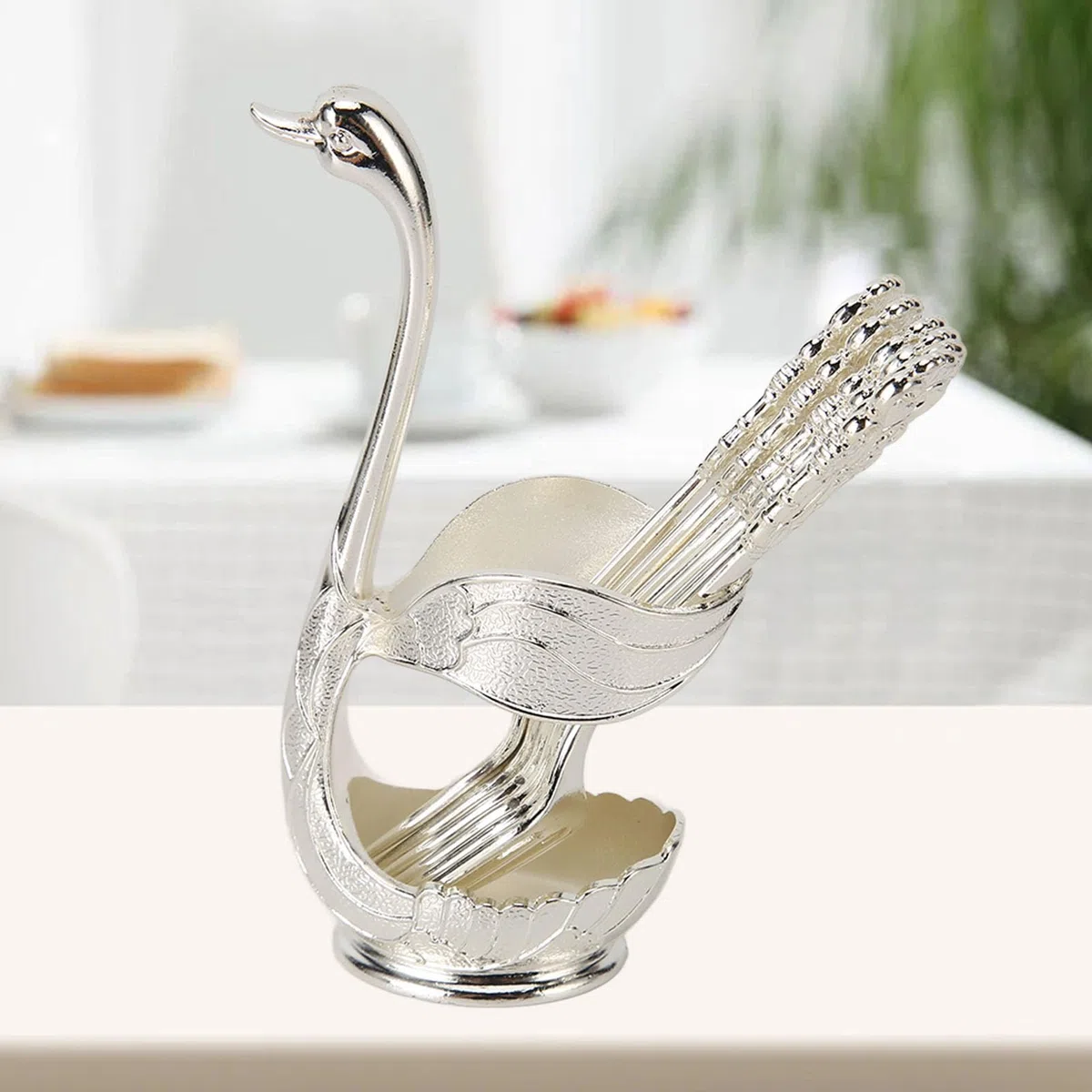 Kit de Tenedores con Soporte de Base de Cisne de ángulos Lisos, Juego de Postre Inoxidable para Bistrós Plateados