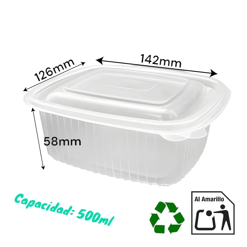 Pack 100 Envases 500ml Reutilizables con Tapa Bisagra | Pack de 50-100 | Plástico Transparente PP | Apto Microondas y Reciclable | Contenedor Ovalado para Alimentos