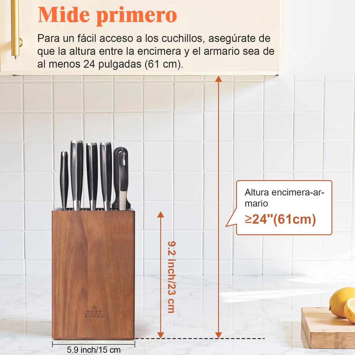 ENOKING Soporte Cuchillos Cocina de Madera de Acacia, tacoma cuchillos Con Tapa de Plástico, porta cuchillos cocina de para Cuchillos y Tijeras/Varilla de Afilar