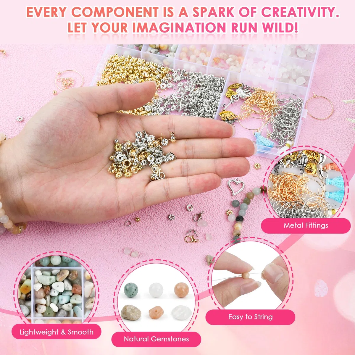 Kit Pulseras, 780 pcs Cuentas de Piedra Natural 6mm, Kit DIY para Hacer Pulseras, Collares y Aretes, Set Completo con Accesorios para Joyería