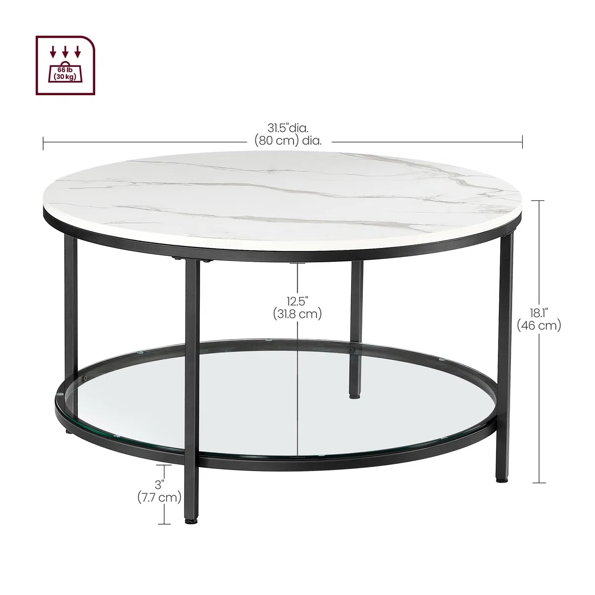 VASAGLE Mesa de Centro, Mesita de Salón, de Mármol de Imitación Redonda, Estante de Vidrio Templado, Montaje Fácil, Estilo Moderno, Blanco Mármol y Negro Tinta LCT071B13
