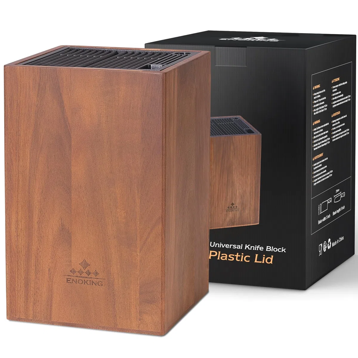 ENOKING Soporte Cuchillos Cocina de Madera de Acacia, tacoma cuchillos Con Tapa de Plástico, porta cuchillos cocina de para Cuchillos y Tijeras/Varilla de Afilar