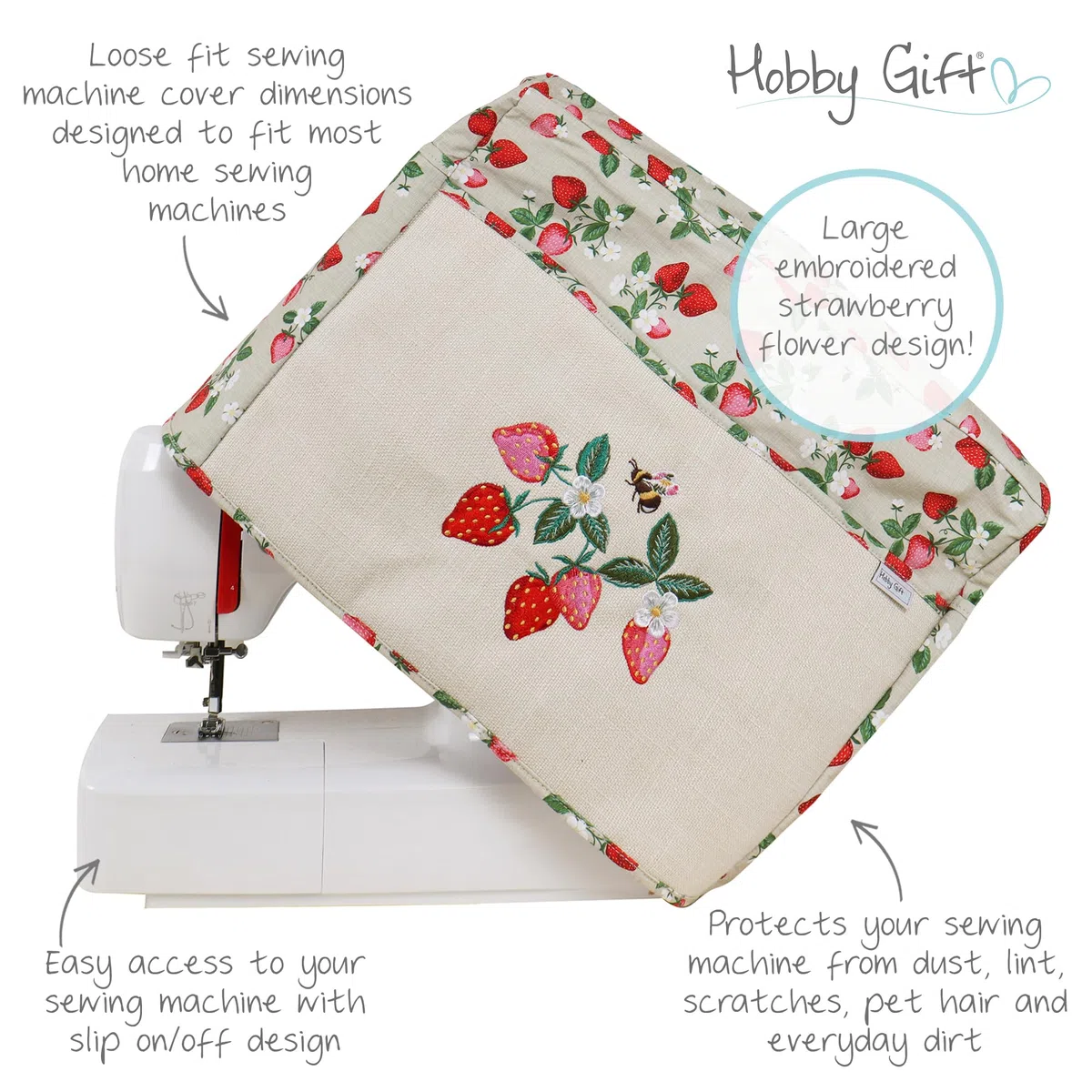 Hobby Gift Funda para Máquina de Coser con Bolsillos, Funda Protectora contra el Polvo con Compartimentos para Accesorios, Compatible con Máquinas Estándar, 33,5 x 44 x 21 cm, Fresas