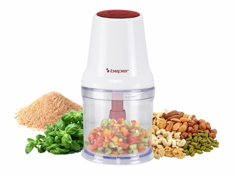BEPER P102ROB010 Procesador de alimentos de doble cuchilla, 400 W,R de plástico de 500 ml, Cuchillas de acero inoxidable para un picado homogéneo, Sistema de seguridad y pies antideslizantes, Alimenta