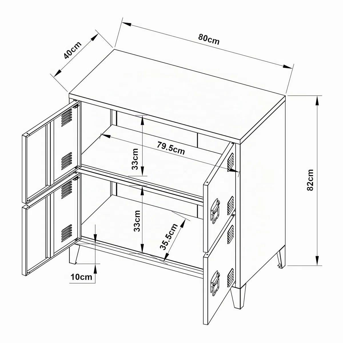 [en.casa] Armario Archivador Hamina Aparador Mueble de Oficina Estudio Garaje con 2 Compartimentos y 4 Puertas con Ranuras de Ventilación Acero 82 x 80 x 40 cm - Negro