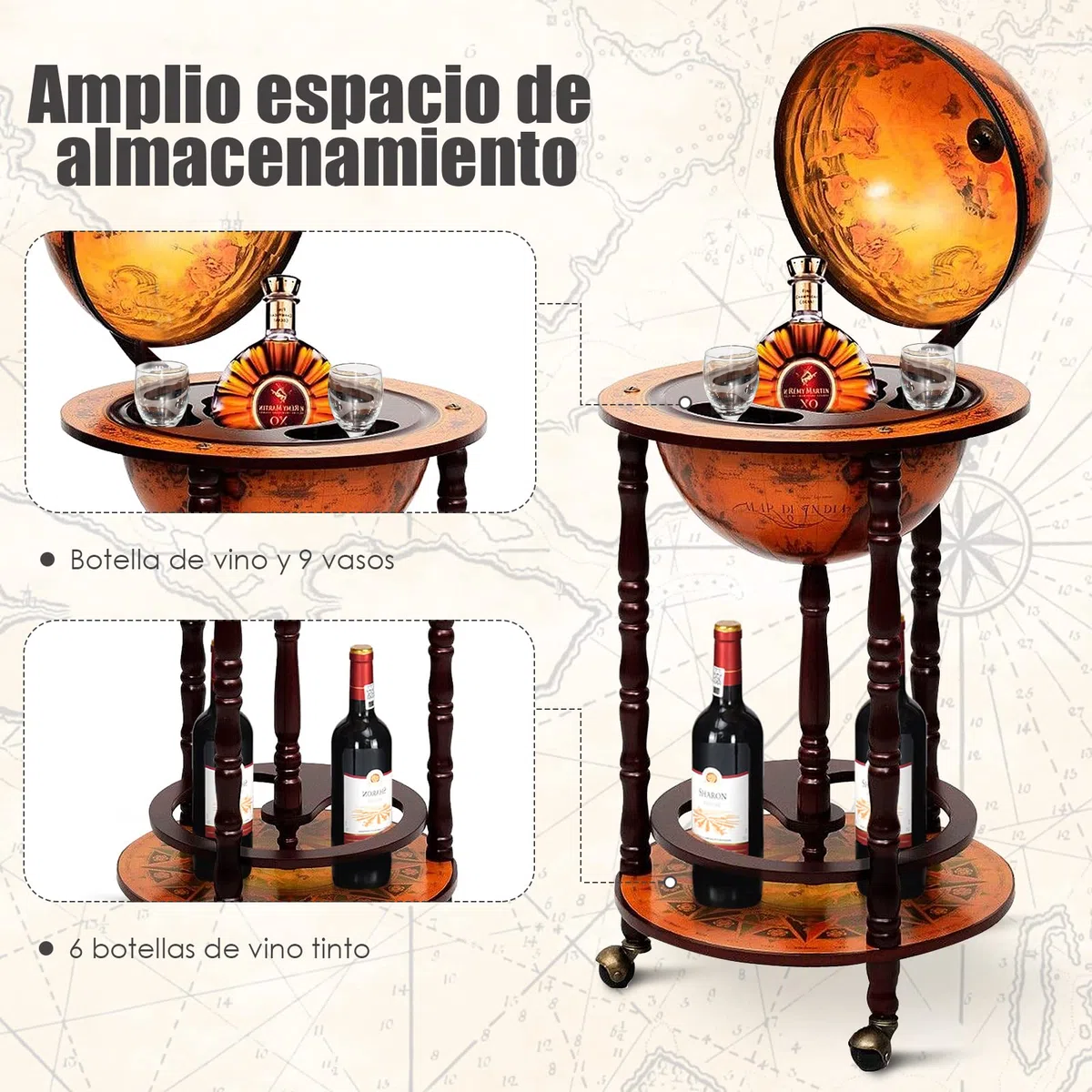 COSTWAY Globus Bar de Madera, Barra de Globo, con Ruedas, Carrito de Bar, Bar, botellero 45 x 45 x 88 cm, marrón, Aprox. 45 x 45 x 88 cm (Largo x Ancho x Alto) | Mueble Bar de Globo Terráqueo con Ruedas, Botellero Minibar Retro para Vino Cóctel Whisky