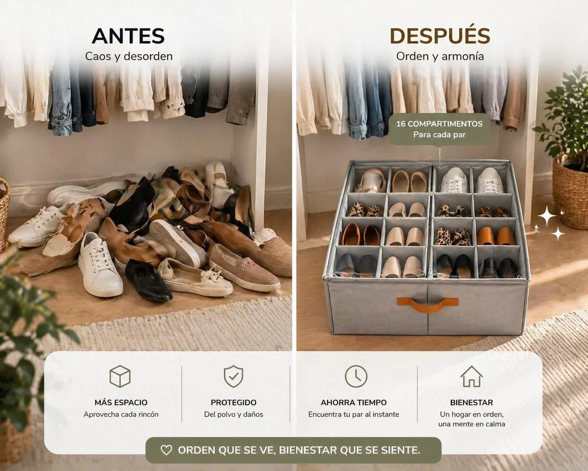 Genérico Organizador de Zapatos Ajustable 16 Compartimentos – Caja Organizadora con Separadores Flexibles, Multiuso para Zapatos Grandes, Ropa y Accesorios – Plegable con Tapa Transparente
