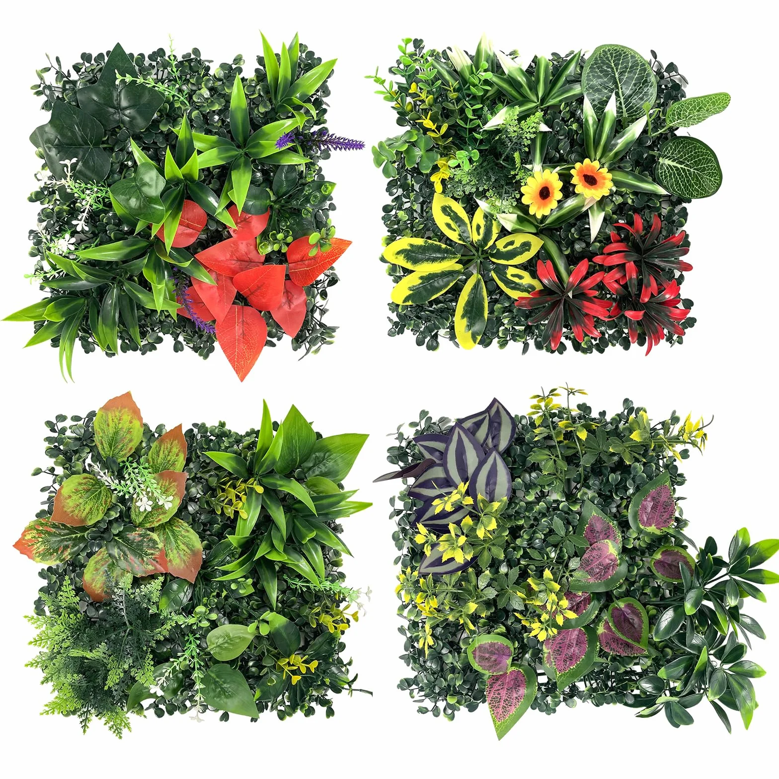 Paneles Decorativos de Plantas Artificiales 4 Unidades 25x25 cm, Set de Jardín Vertical con Hojas Verdes Realistas para Pared Interior y Exterior, Balcón, Eventos, Oficina -A