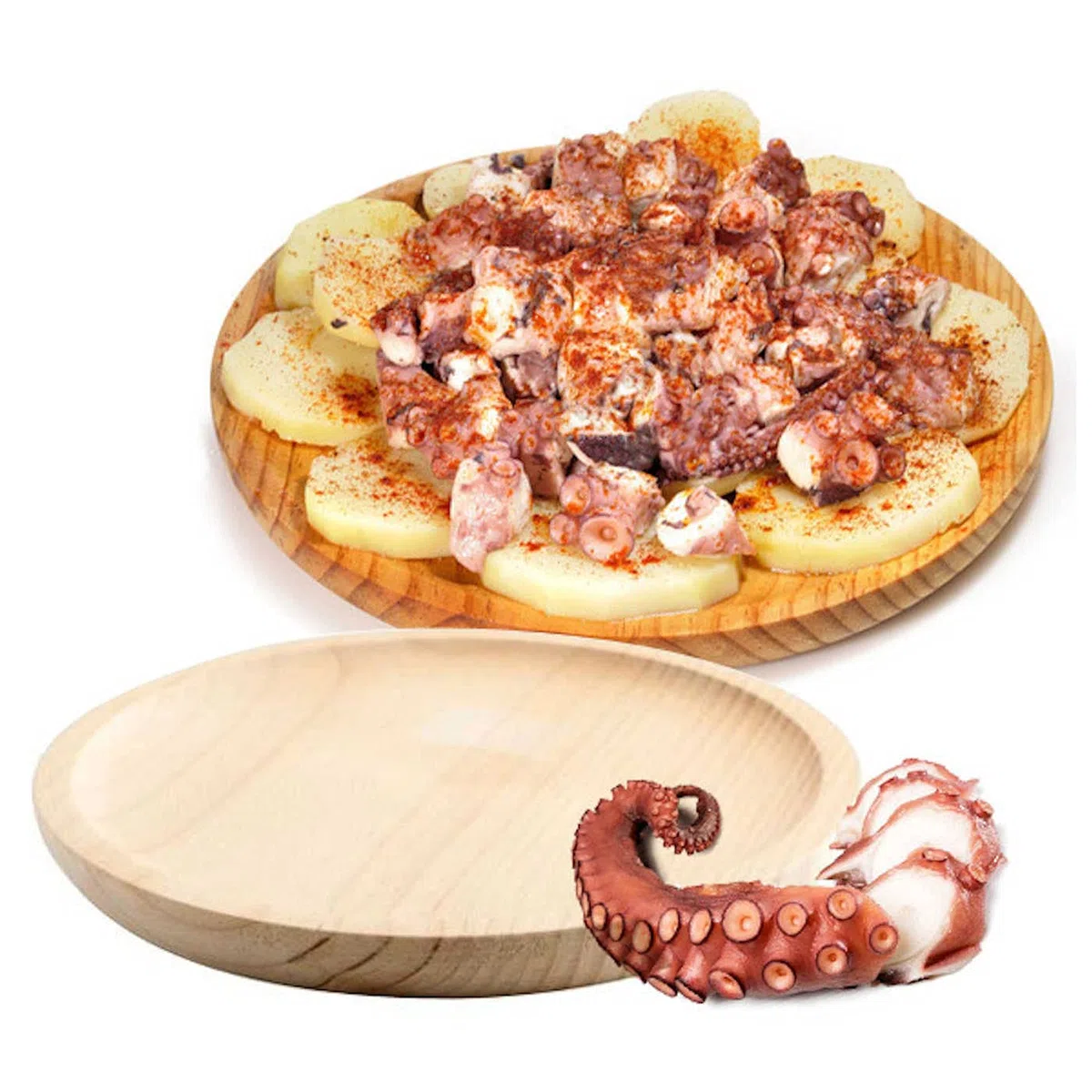 Tradineur – Pack de 6 platos de madera especial para pulpo, de 21,8 cm de diámetro y 1,9 cm de alto, vajilla madera, vajilla para comida, tabla pulpo, pizza, fuente para alimentación (6, 22 cm)