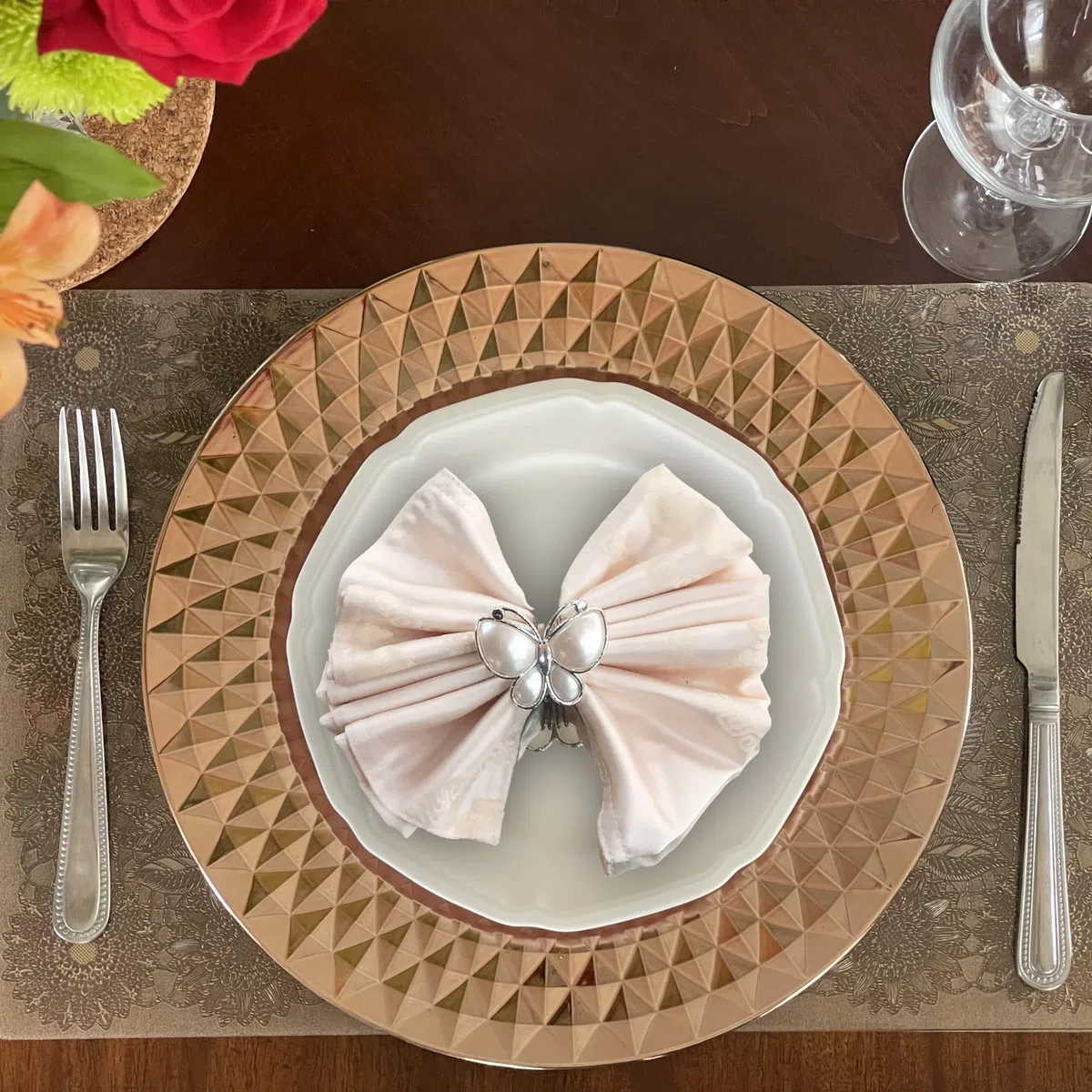 Allgala - Placas cargadoras de 13 pulgadas, paquete de 6 unidades de plástico resistente con patrón de diamante para boda, color oro rosa, HD80403