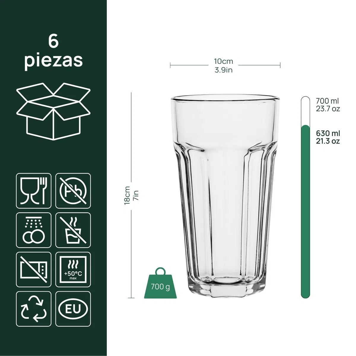 TREND FOR HOME Vasos Cóctel XXL Caipirinha Highball 630 ml Set de 6 Diseño Retro Tumbler Agua Zumo Café Frío Longdrink Vidrio Soda-Lima Sin Plomo Apto Lavavajillas Colección Alva Transparente