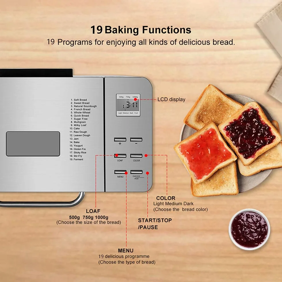 Panificadora de 1000 g, 19 programas, para panadería, 650 W, para la cocina en casa, caravana, camping, fiestas, restaurante