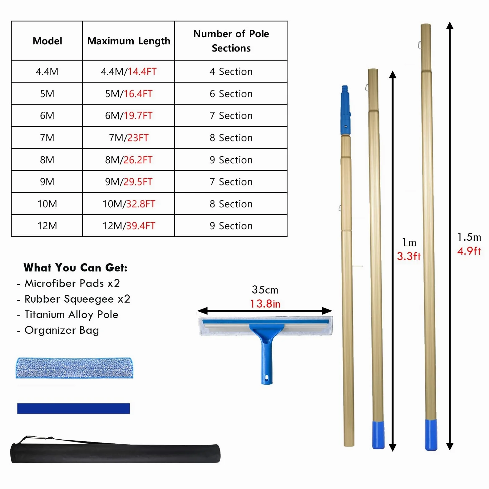 Kit de limpiador de ventanas telescópico con escobilla de goma para limpieza de vidrio de alto alcance, interior y exterior