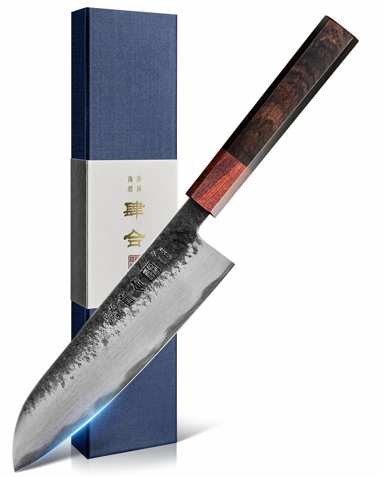 kanngou Cuchillo Santoku, 18cm Cuchillo Cocina de Chef de Acero Inoxidable con Madera de Ébano y Mango de Sándalo Rojo, Cuchillo Japones Profesional con Caja de Regalo Premium