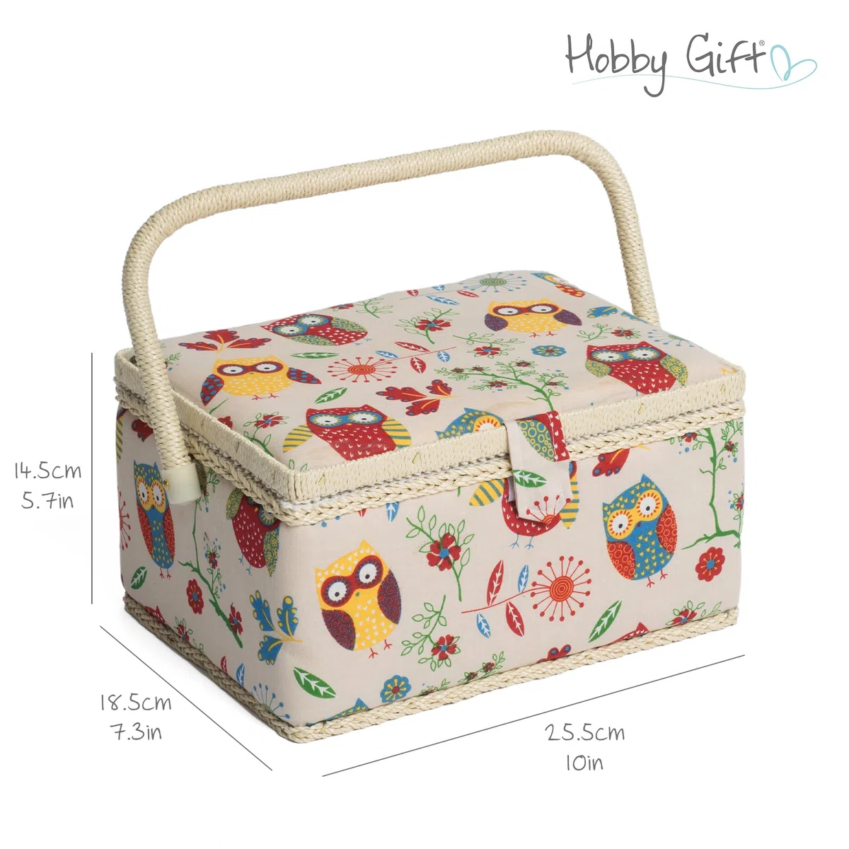 Hobby Gift Caja de Costura Mediana con Asa, Cesta de Algodón para Almacenaje de Costura, Organizador con Compartimentos, 18,5 x 25,5 x 14,5 cm, Búho