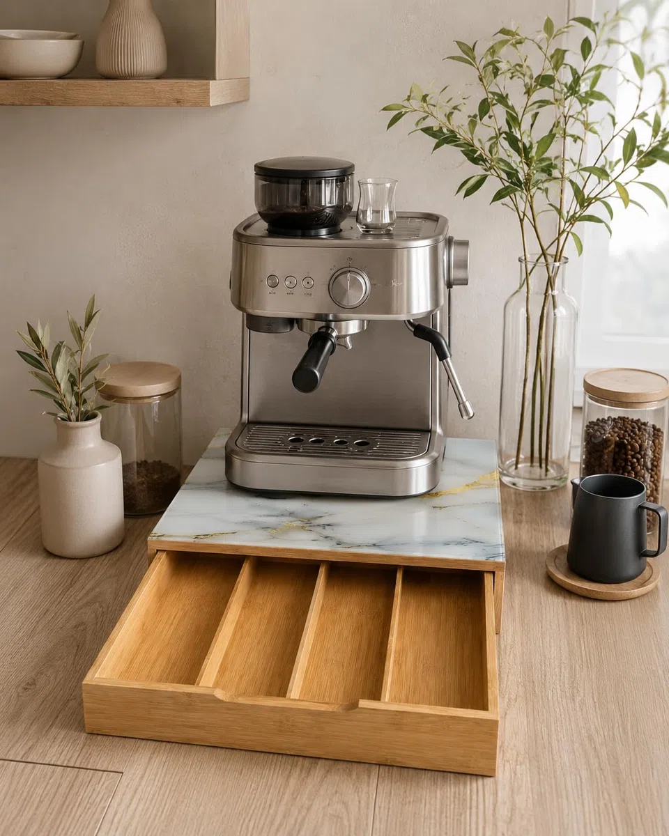 Cajón para cápsulas de bambú con superficie de cristal efecto mármol, organizador de cápsulas de café, 3 compartimentos, porta cápsulas y monodosis, ahorra espacio para cocina y café