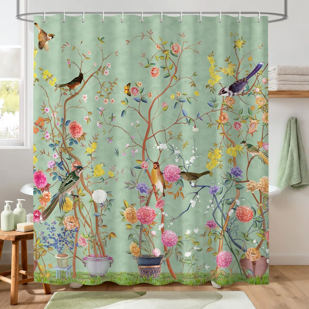 Cortina de Ducha con diseño artístico con Fondo Verde, Motivos de árboles, pájaros y Flores, Cortina de Ducha Impermeable para la decoración del baño, 180 x 180 cm con 12 Ganchos