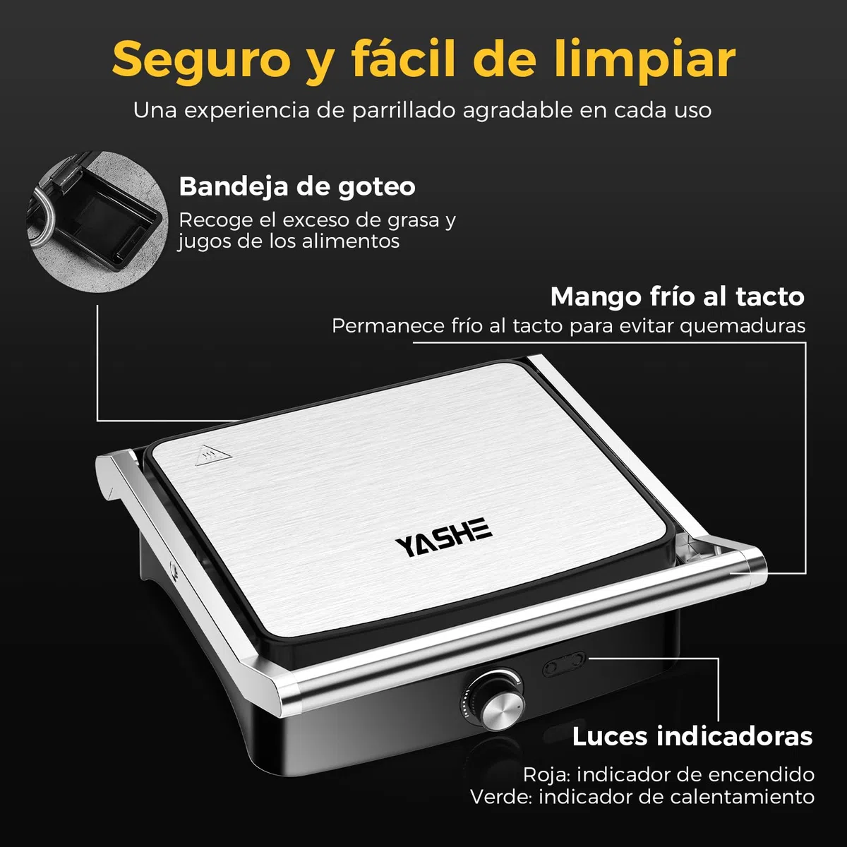 YASHE Sandwichera Eléctrica 2000W – Grill Panini y Parrilla Eléctrica Interior para Bocadillos, Carnes y Verduras – Placas Antiadherentes Grandes – Apertura 180° – Temperatura Automática – Fácil Limpi