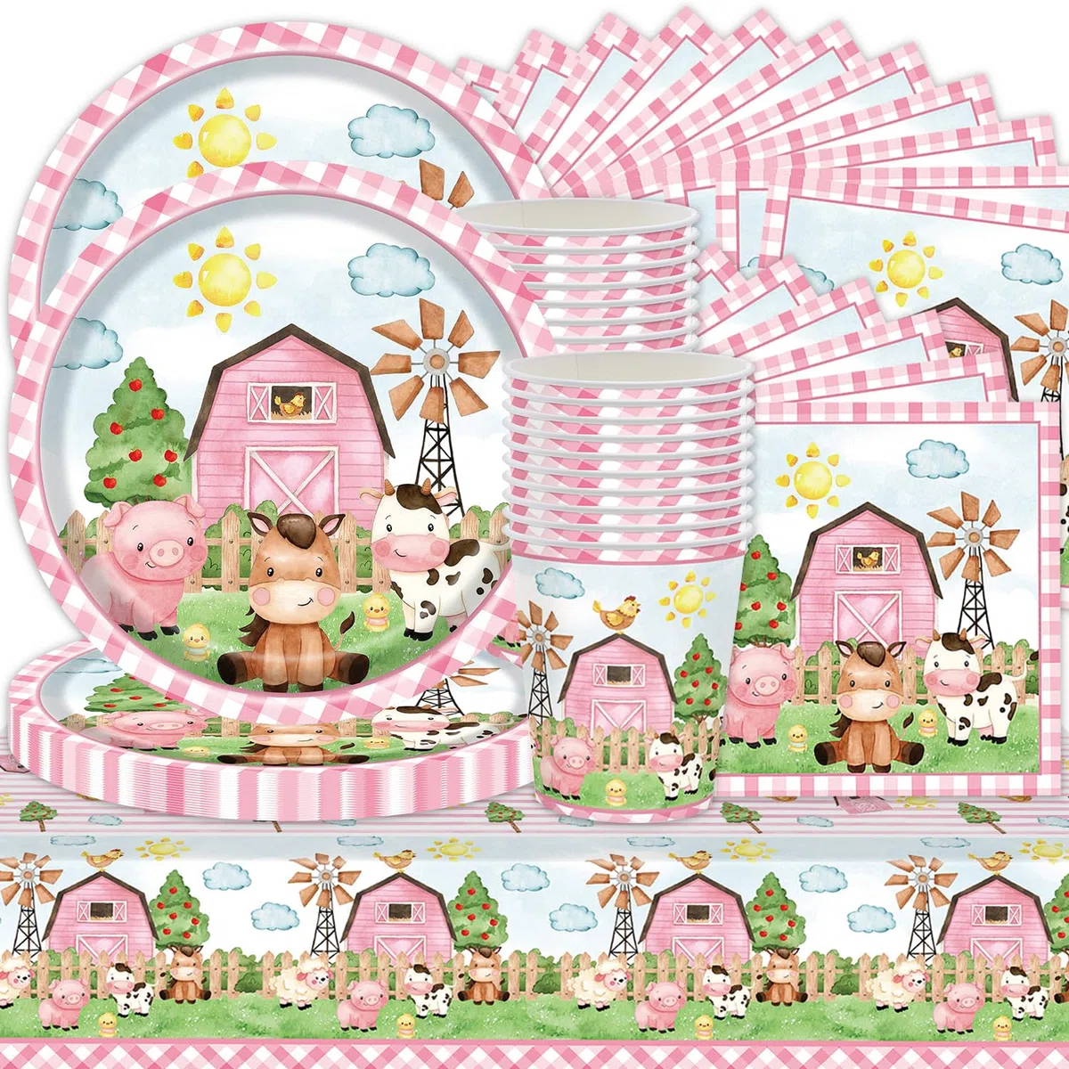 Juego de vajilla de fiesta de granja, cerdo y cordero, 61 piezas, decoración de fiesta de cumpleaños de granja, incluye platos, vasos, servilletas de papel, manteles, para 20 personas
