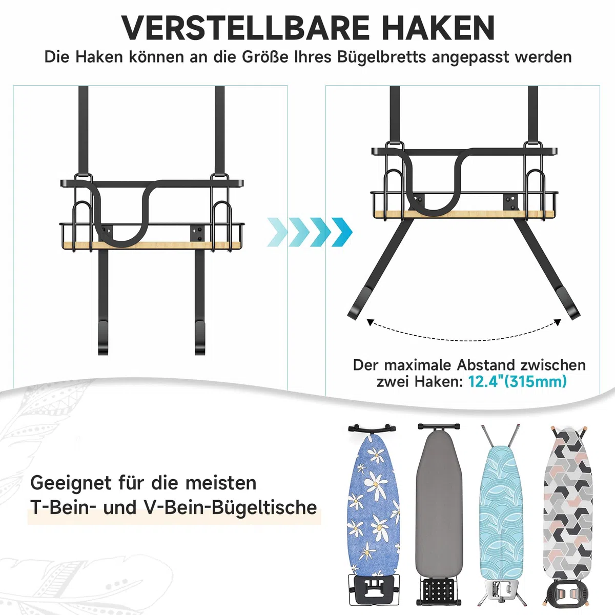 Colgador Tabla Planchar, Soporte Plancha Pared, Metal Organizador de Soporte para Tabla de Planchar, Estante de Pared, con Cesta de Almacenamiento Grande y Gancho Desmontable, Negro