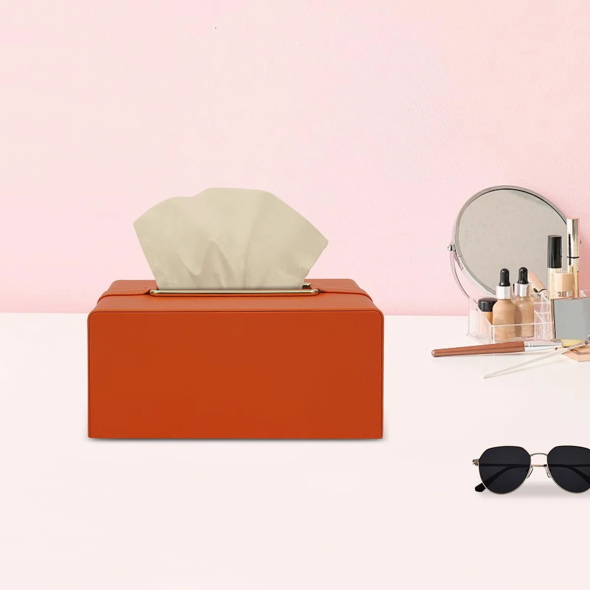 Caja para pañuelos con dispensador de pañuelos, caja rectangular de piel, diseño de cubierta inferior plegable, para dormitorio, salón y estudio, 21,9 x 12,95 x 9,9 cm (naranja)