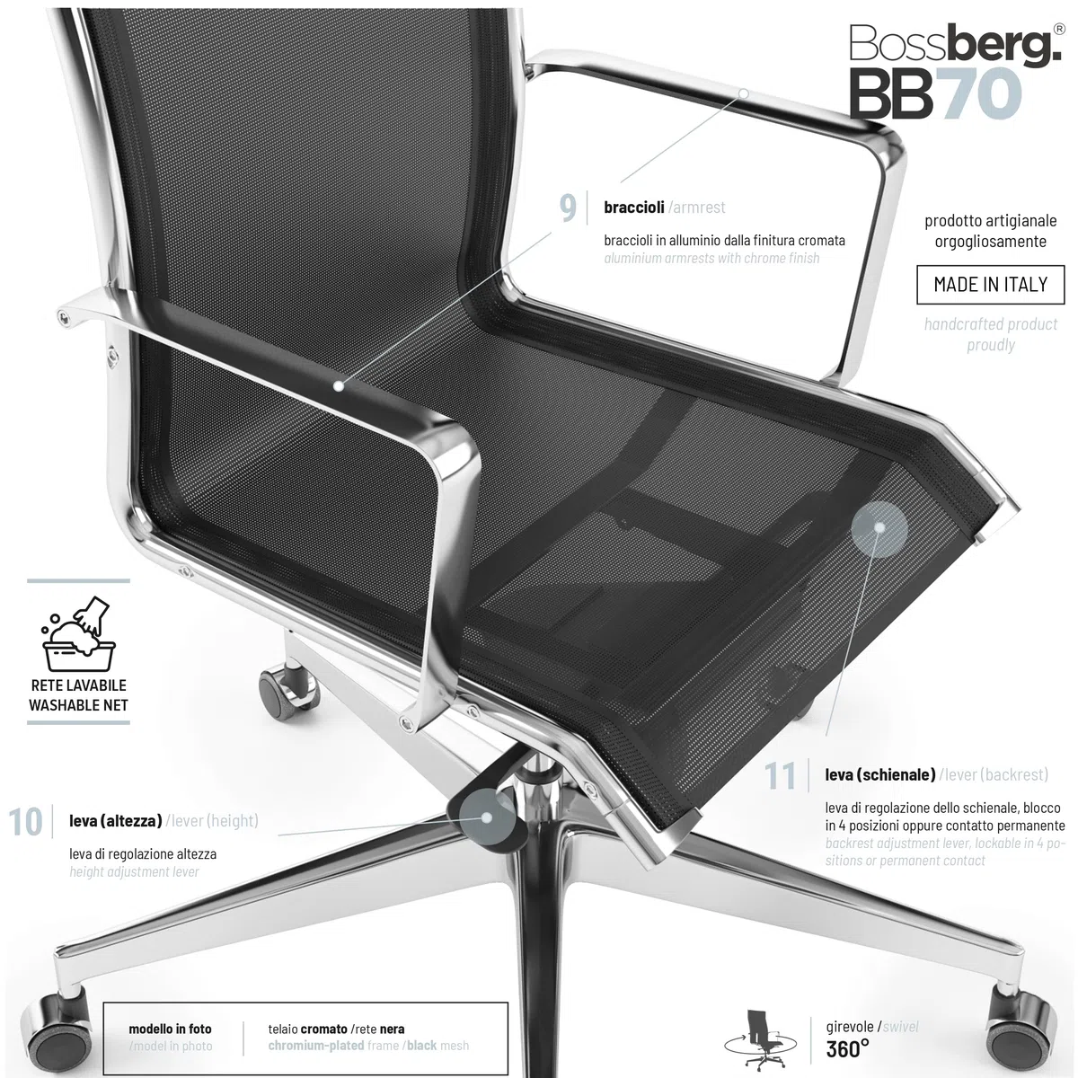 Silla de Escritorio Ergonómica, Silla de Oficina Giratoria con Apoyo Lumbar, Sillón de Despacho Ajustable y Cromado, Diseño Italiano - Cromado Negro