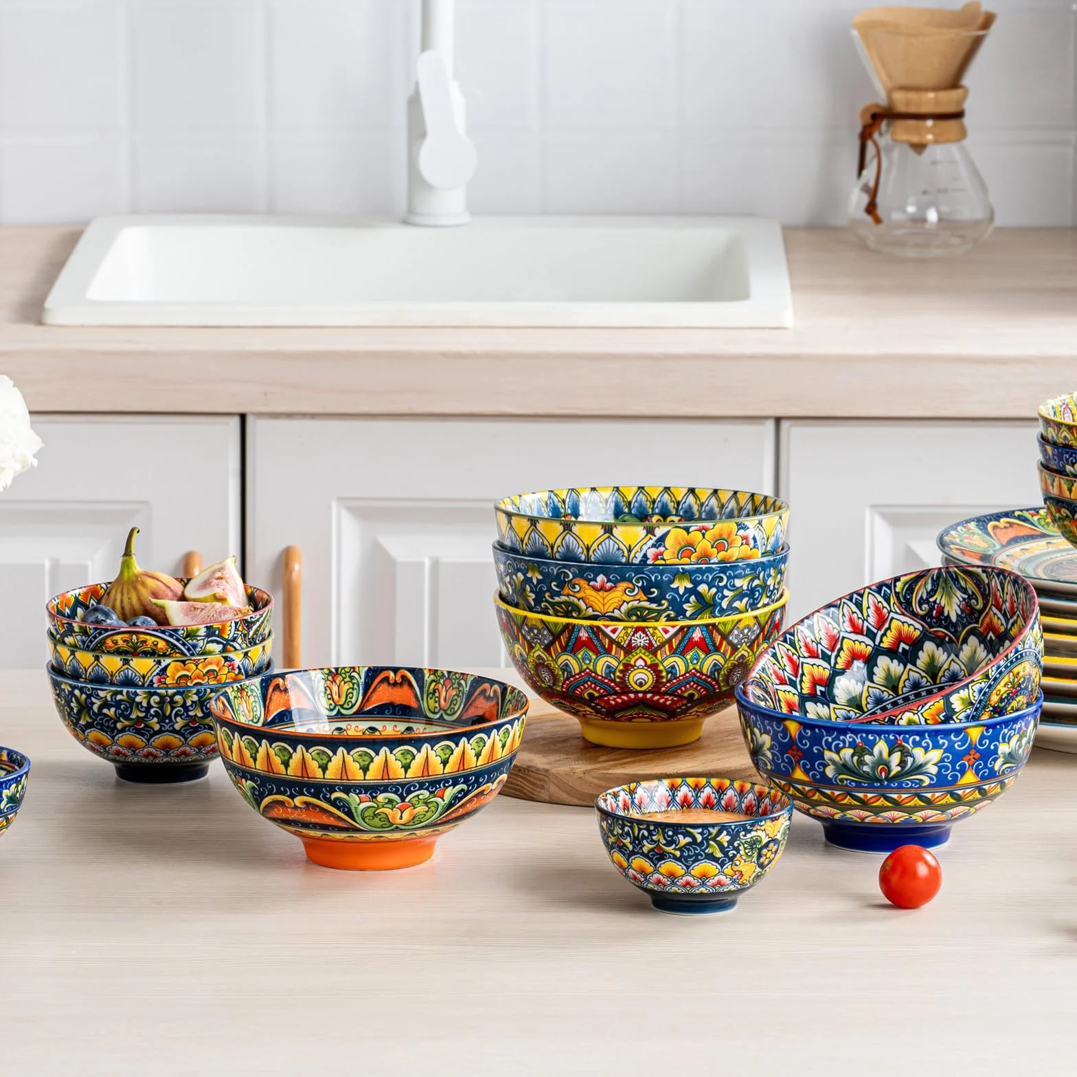 Henten Home Tazones para Cereales, Juego de Cuencos de Cerámica para Sopa de 6 X 690ML, Cuencos para servir Cereales, Sopa, Copos de Maíz, Desayuno, Cuencos Coloridos con Patrón de doble cara