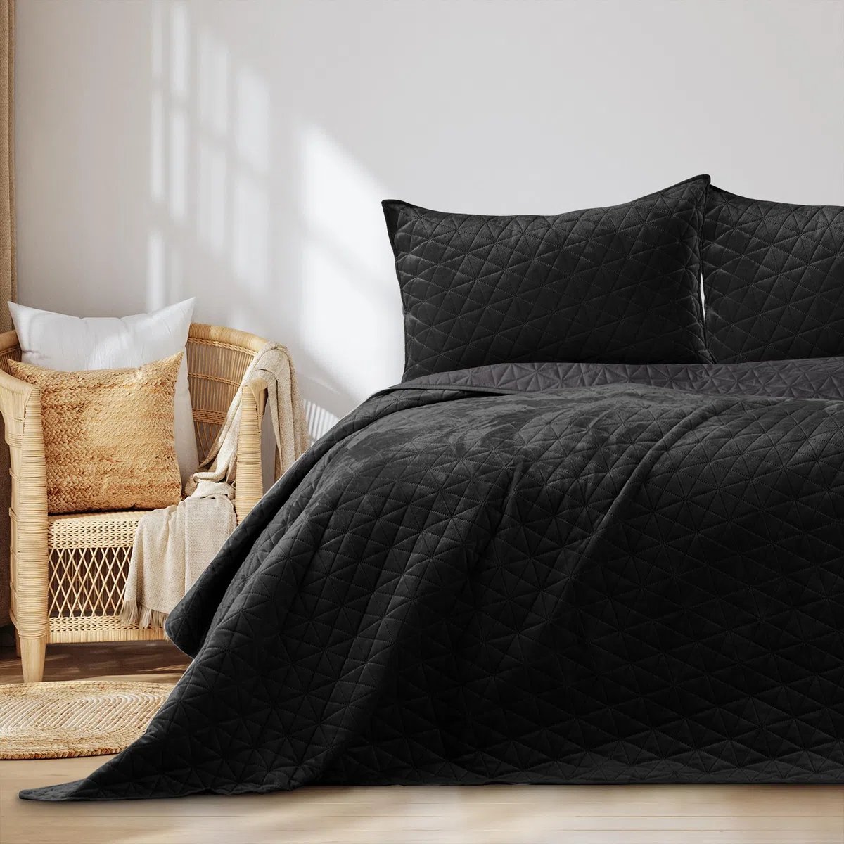 Tagesdecke 260x280 cm Negro, edredón reversible, con pespunte, terciopelo y samt Laila