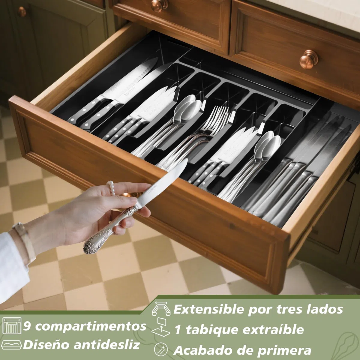 Charmofun Bandeja Cuberteros para Cajon Cocina, Organizador Cubiertos Extensible con 9 Compartimentos, Organizador Cocina Negro para Cucharas y Tenedores, Kitchen Organizer