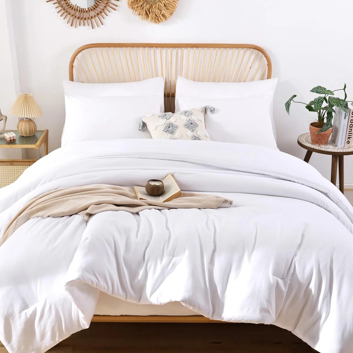 ROSGONIA Juego de edredón California King Blanco, 3 Piezas (1 edredón Bohemio Cal King y 2 Fundas de Almohada), Ropa de Cama de Hotel para Todas Las Estaciones