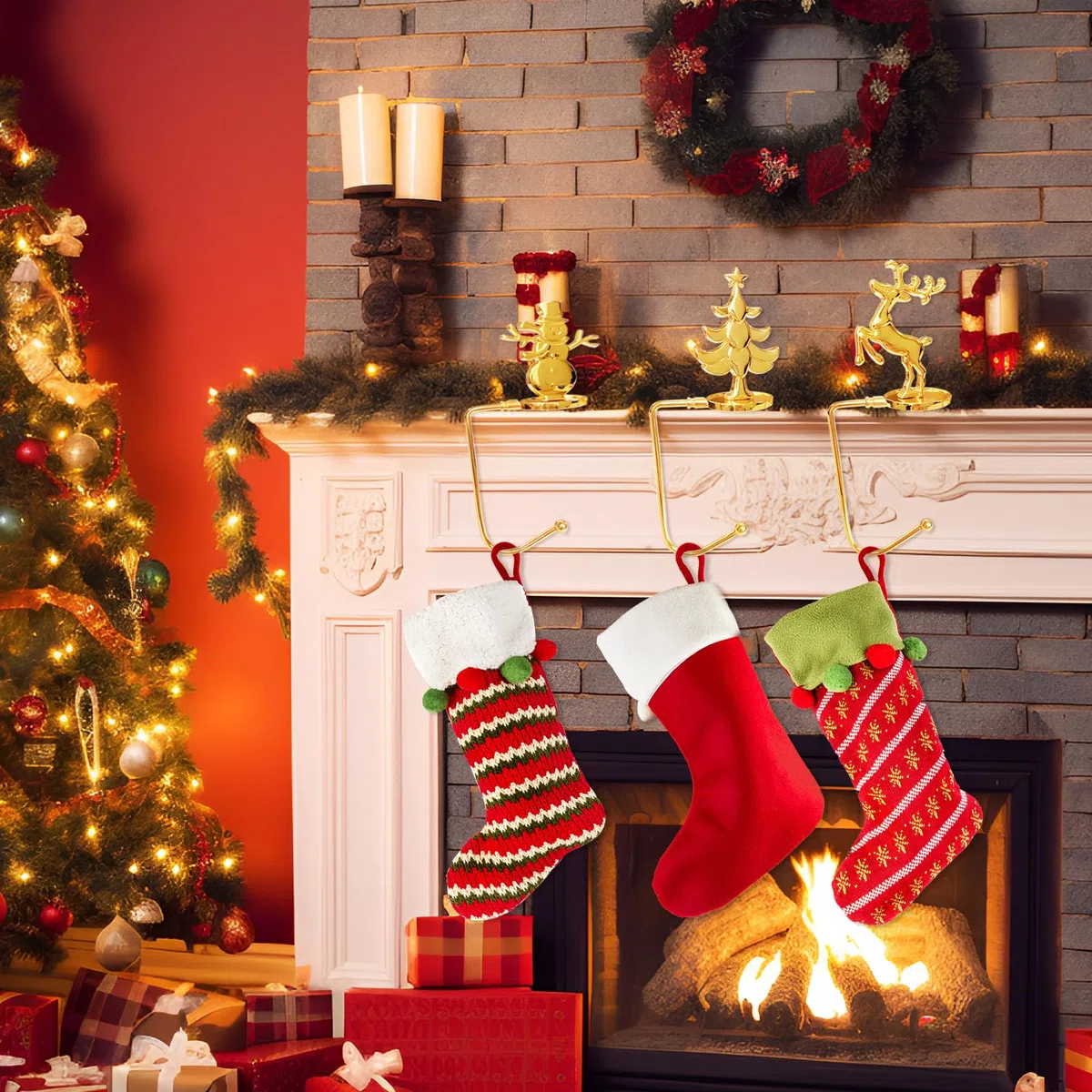 Juego de 3 soportes para medias navideñas, ganchos para chimenea, soportes para calcetines navideños, ganchos navideños, para chimenea y mesa, decoración de calcetines navideños