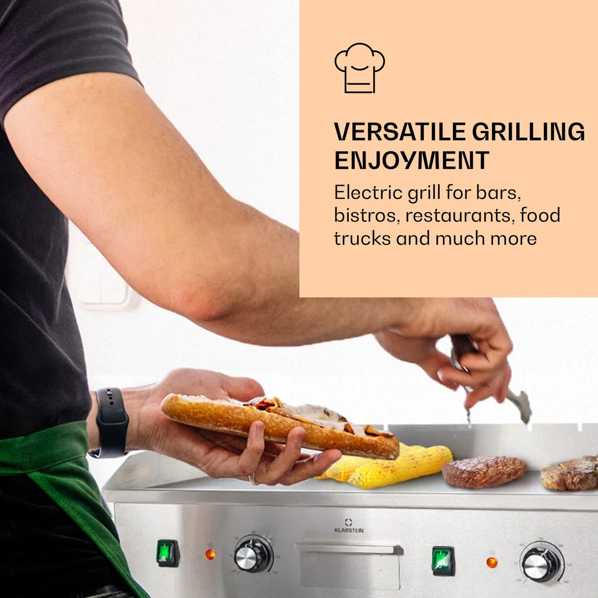 Klarstein Plancha Cocina Eléctrica Profesional, Grill de Acero Inoxidable, Antiadherente con Bandeja Aceite Extraíble, LED, 2 Espátulas, Plancha de Asar, Camping y Restaurantes 200W, Plata