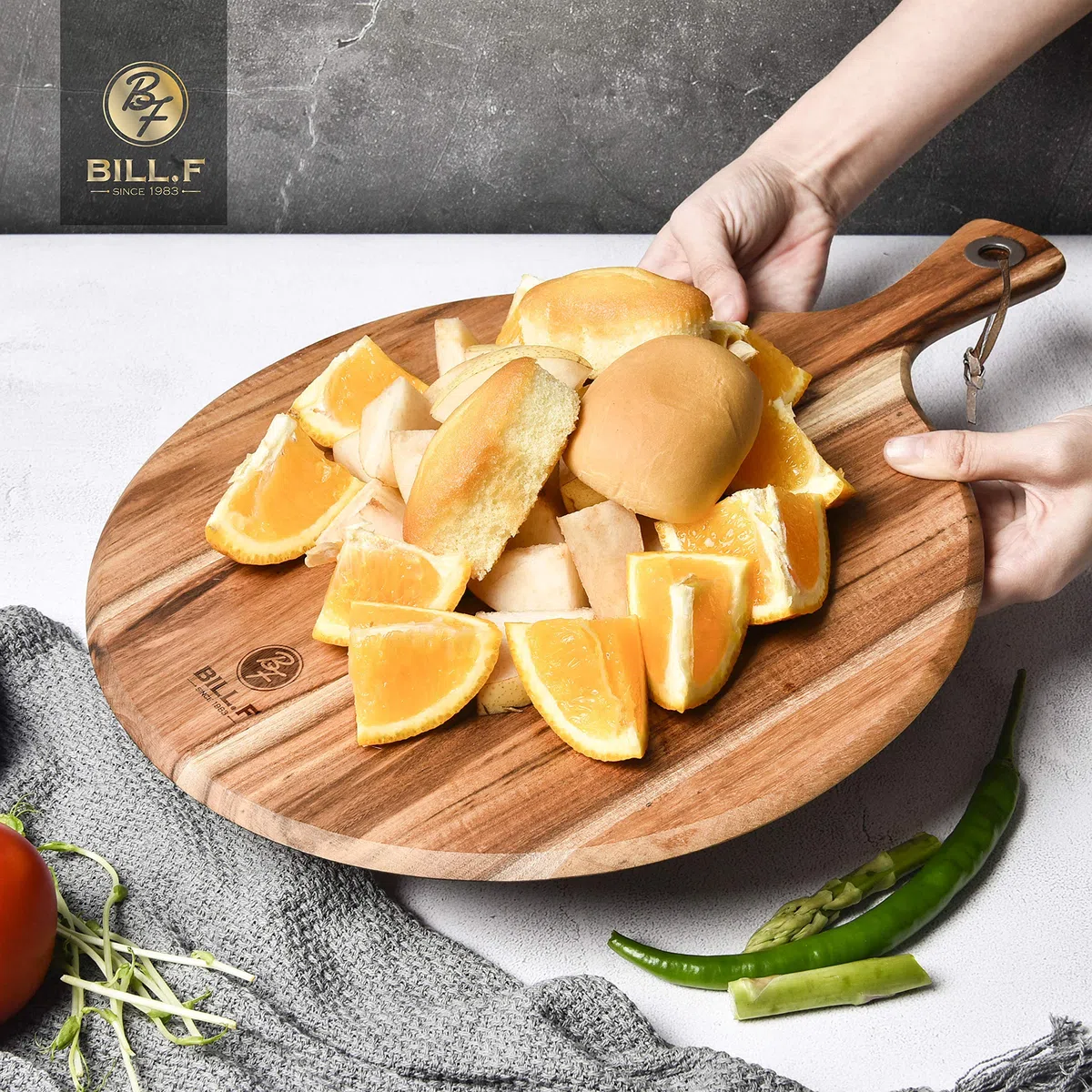 BILL.F pelador de pizza de madera de acacia, 25,4 cm, plato de pizza, tabla de pizza, plato de pizza de madera y tabla de pizza de madera, con mango, 35 x 25 x 1,2 cm