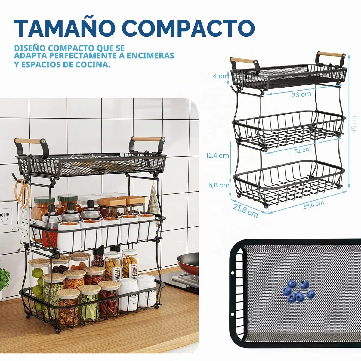ANTOPY - Cesta de frutas de 3 niveles con 2 perchas de plátano, cuenco de verduras de malla de metal para mostrador de cocina, soporte negro