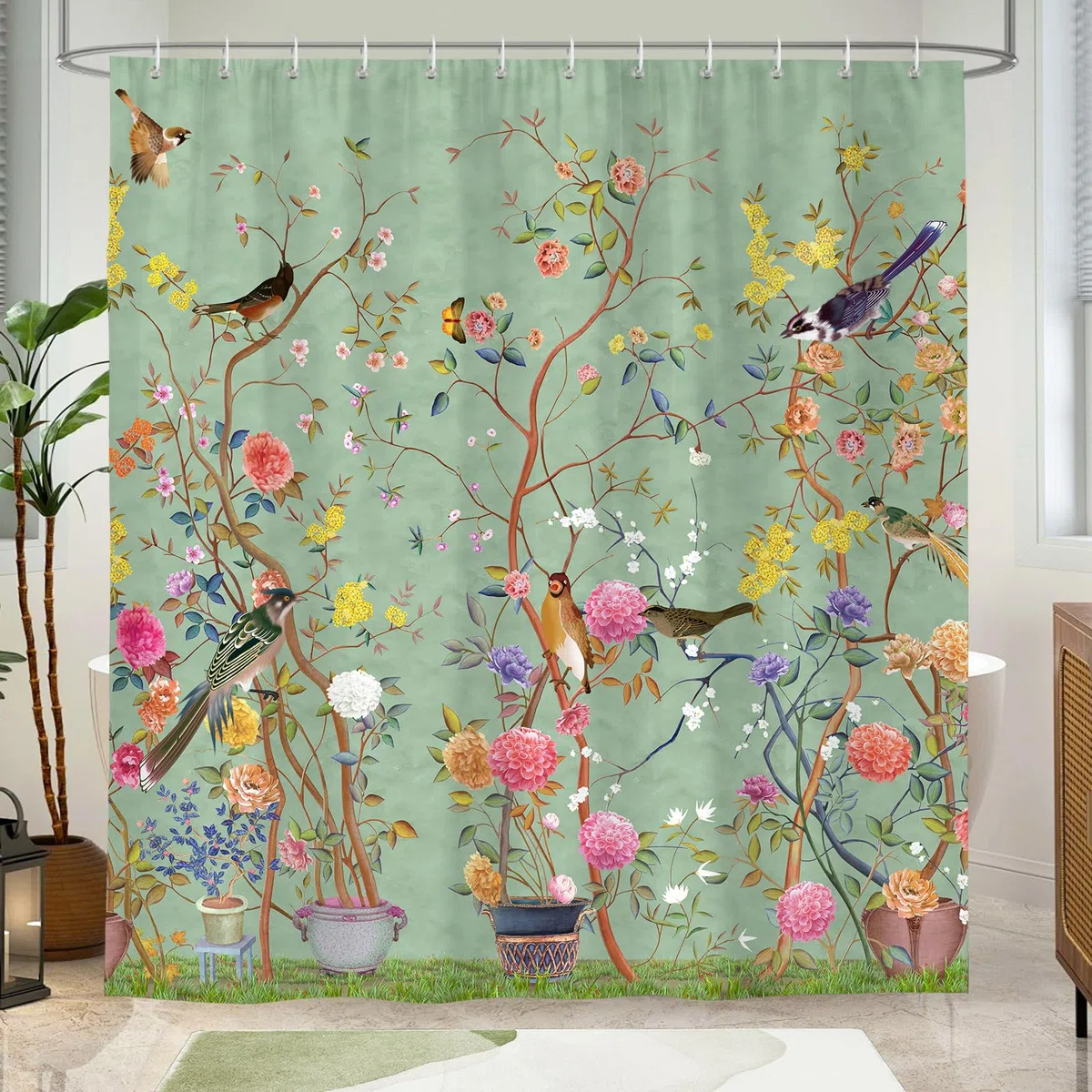 Cortina de Ducha con diseño artístico con Fondo Verde, Motivos de árboles, pájaros y Flores, Cortina de Ducha Impermeable para la decoración del baño, 180 x 180 cm con 12 Ganchos