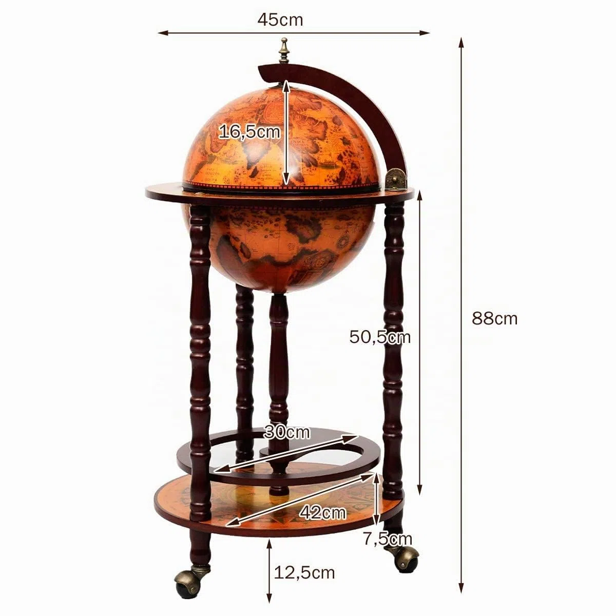 COSTWAY Globus Bar de Madera, Barra de Globo, con Ruedas, Carrito de Bar, Bar, botellero 45 x 45 x 88 cm, marrón, Aprox. 45 x 45 x 88 cm (Largo x Ancho x Alto) | Mueble Bar de Globo Terráqueo con Ruedas, Botellero Minibar Retro para Vino Cóctel Whisky