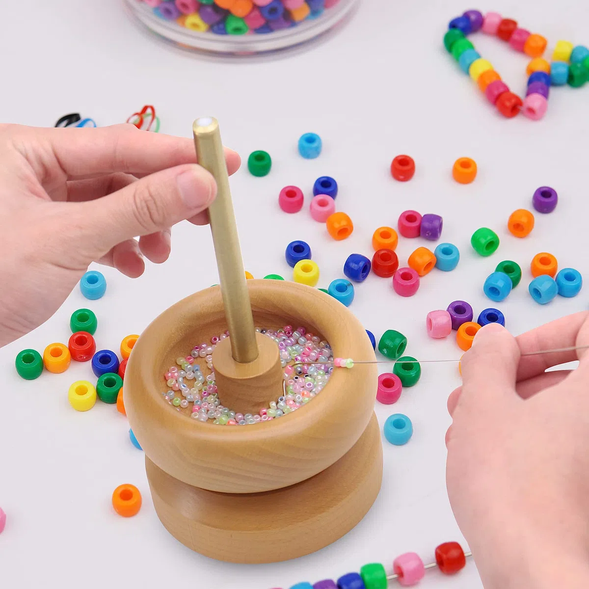 Seahelms Spinner de Cuentas de Madera 2 en 1 Con Bobinadora de Bobinas de Hilo, Hilandero para Hacer Joyas Con 2 Agujas y Herramienta de Roscado