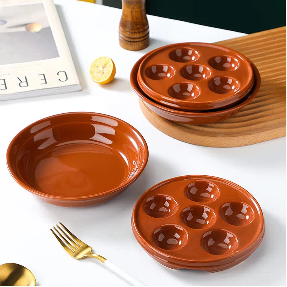 Juego de 2 Platos de Cerámica para Caracol de 6 Agujeros, Plato de Caracol de Porcelana Roja con Plato de Cazuela Redondo de Porcelana, Rojo