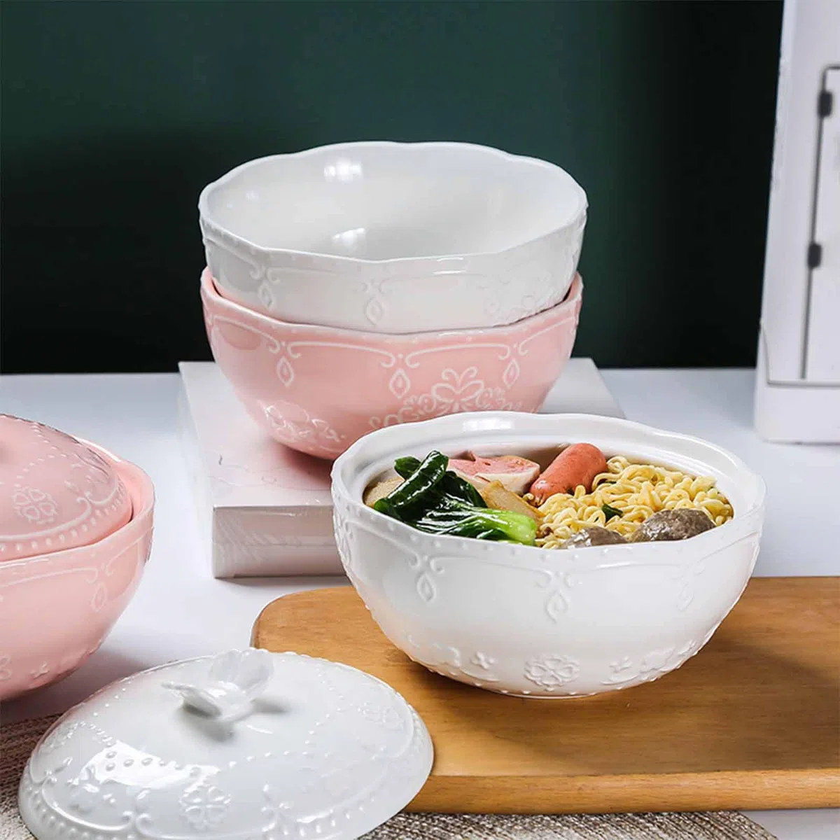 Cuenco de sopa con tapa, cuenco poco profundo, cuenco de fideos Udon, cuenco de cerámica para ramen, cuencos grandes (blanco, 24 onzas)