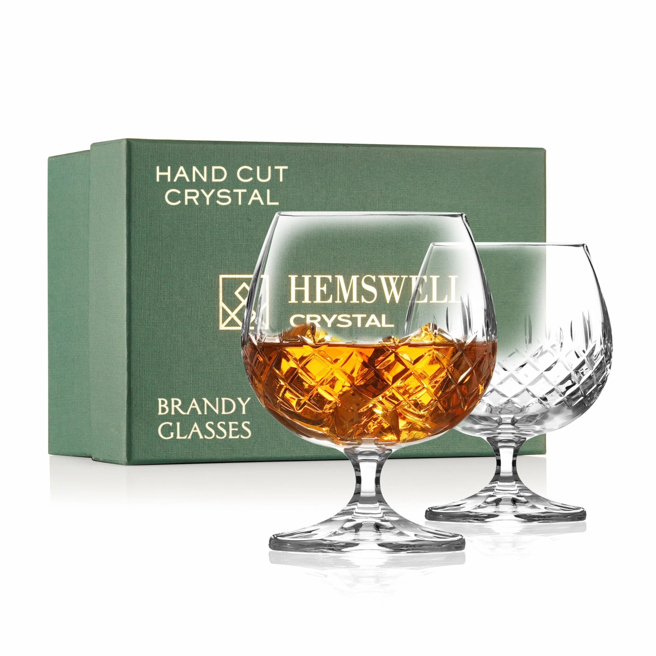 Juego de 2 vasos de coñac de cristal europeo cortado con caja forrada de satén, 250 ml, copa de escocesa, juego de regalo de brandy, diseño Wicklow