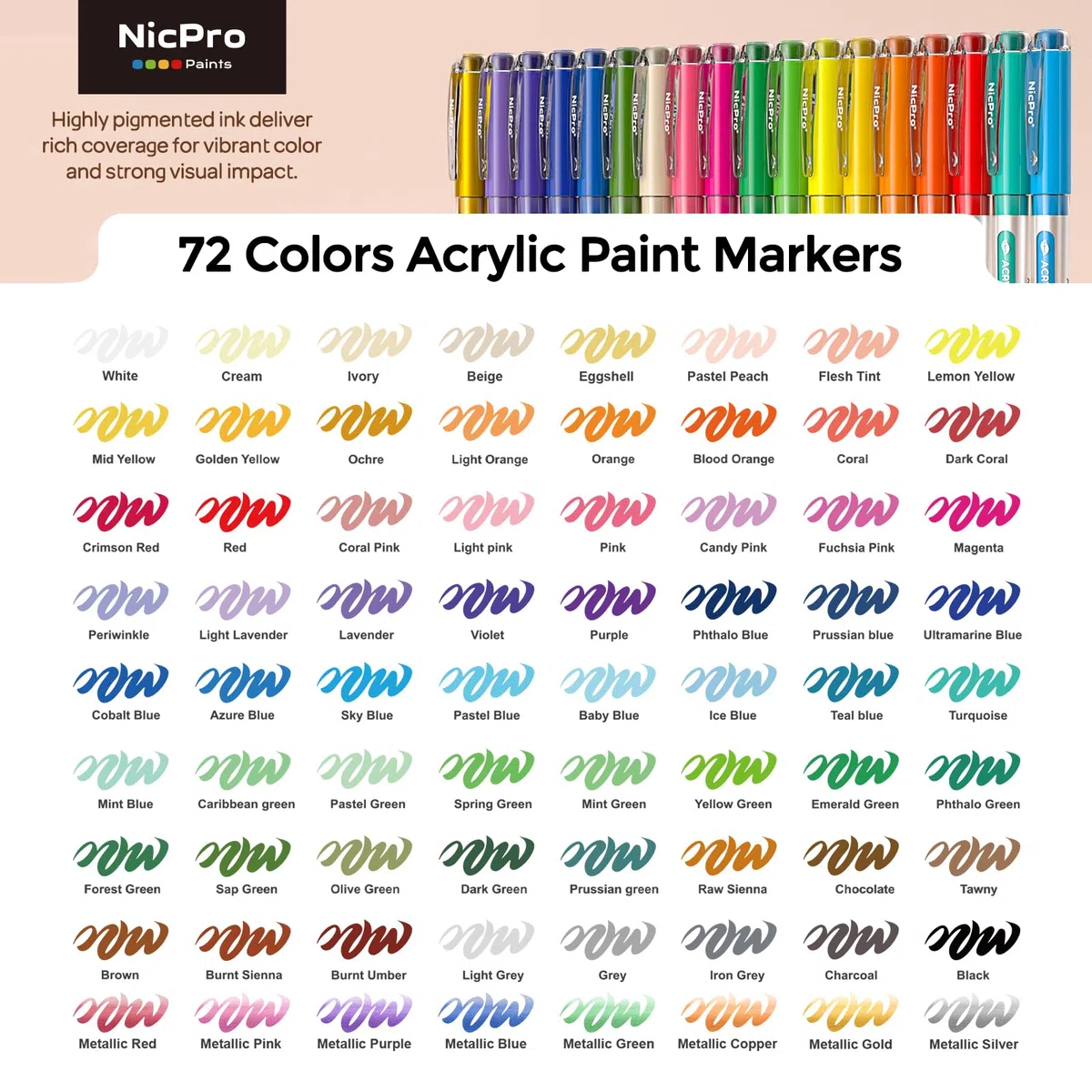 Nicpro 72 colores rotuladores acrilicos con punta pincel, a base de agua, resistentes al agua y con control automático de tinta, ideales para manualidades (piedra, madera, vidrio, cerámica y tela)