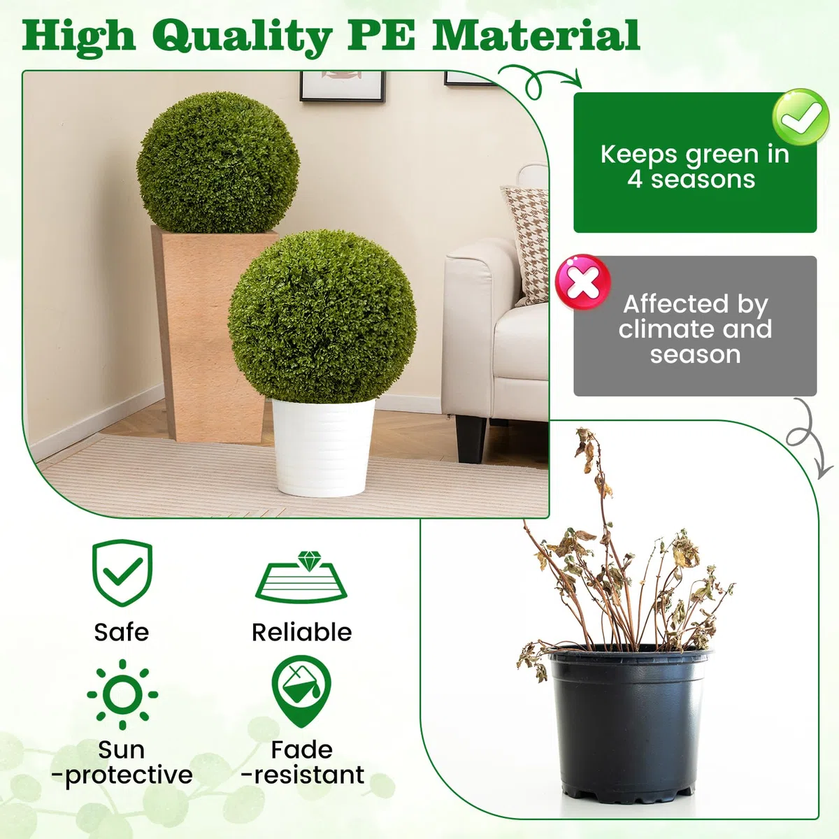 GIANTEX Juego de 2 Bolas Decorativas de Planta Artificial, Plantas Esféricas de 39/50 cm, con Hojas Simuladas Resistente al Sol, Planta Decorativas para Balcón, Patio, Hogar, Boda (39 cm)