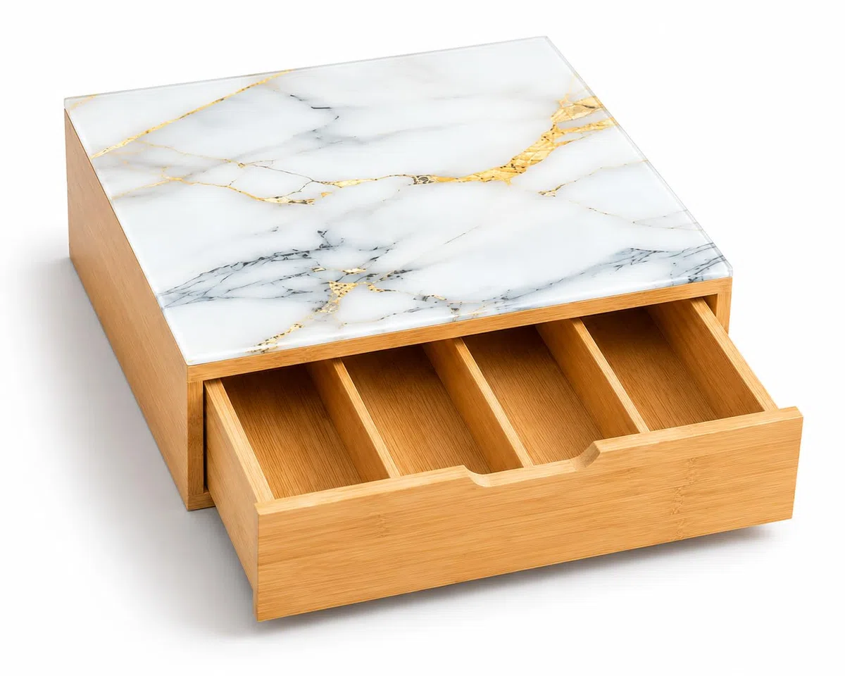 Cajón para cápsulas de bambú con superficie de cristal efecto mármol, organizador de cápsulas de café, 3 compartimentos, porta cápsulas y monodosis, ahorra espacio para cocina y café