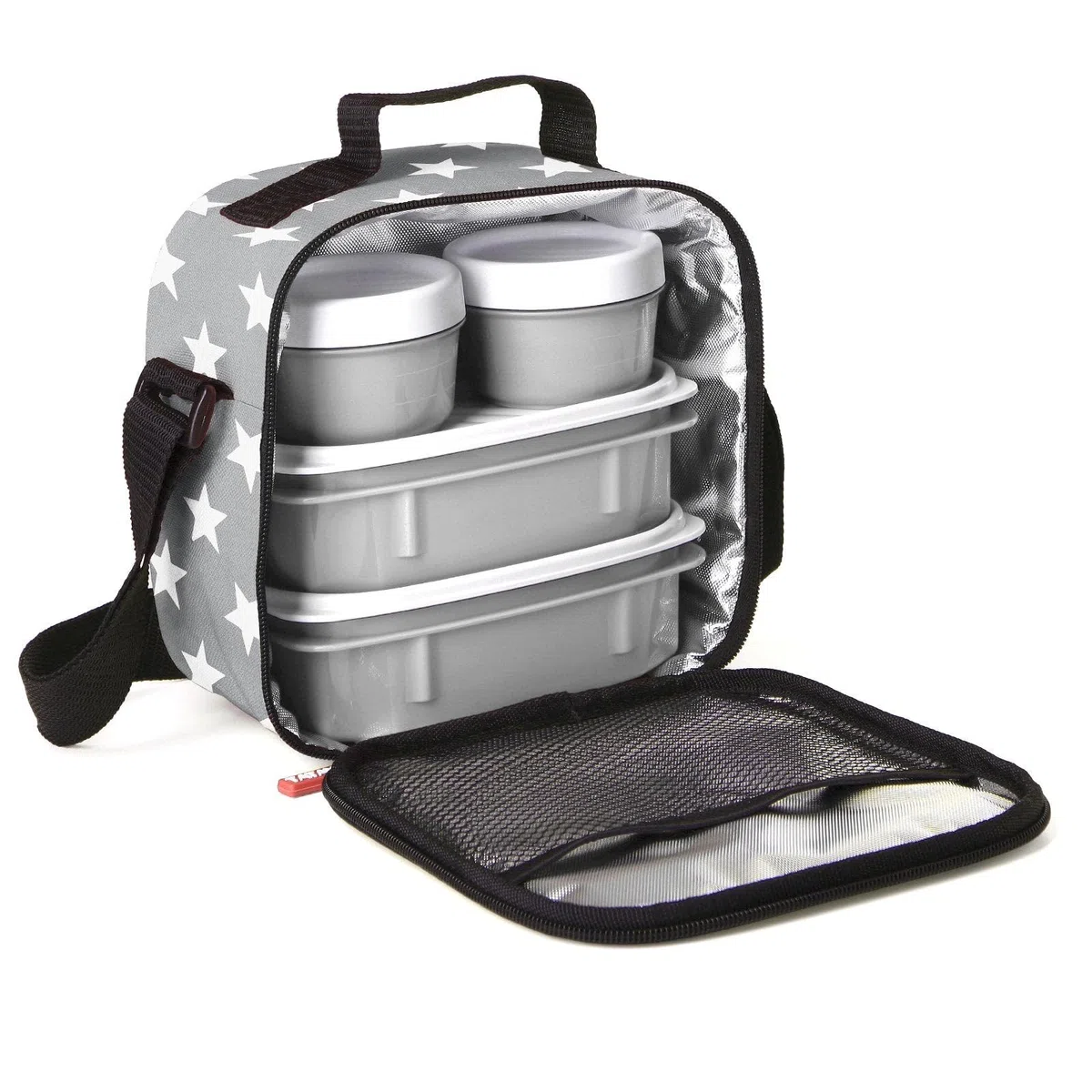 Tatay Bolsa Termica Porta Alimentos Impermeable - Urban Food Casual 3L | 4 Fiambreras: 2x0,5L + 2x0,2L | Triple Capa Aislante | Cuerpo Semirrígido | Bolsillo Interior | 22,5x10x22cm, Estrellas Gris