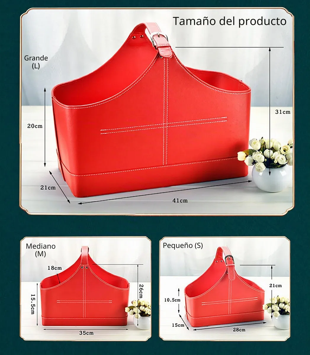 Cesta de almacenamiento de cuero, estructura de MDF, soporte para revistas, flores de vino, frutas, con asa superior para regalos de vacaciones (pequeño, café)