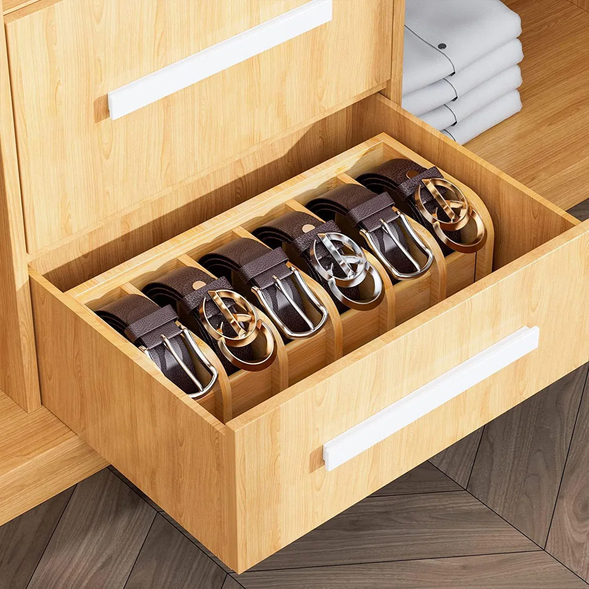 ADESUGATA Caja de almacenamiento para cinturón, organizador de cinturón de madera blanca, accesorios de armario
